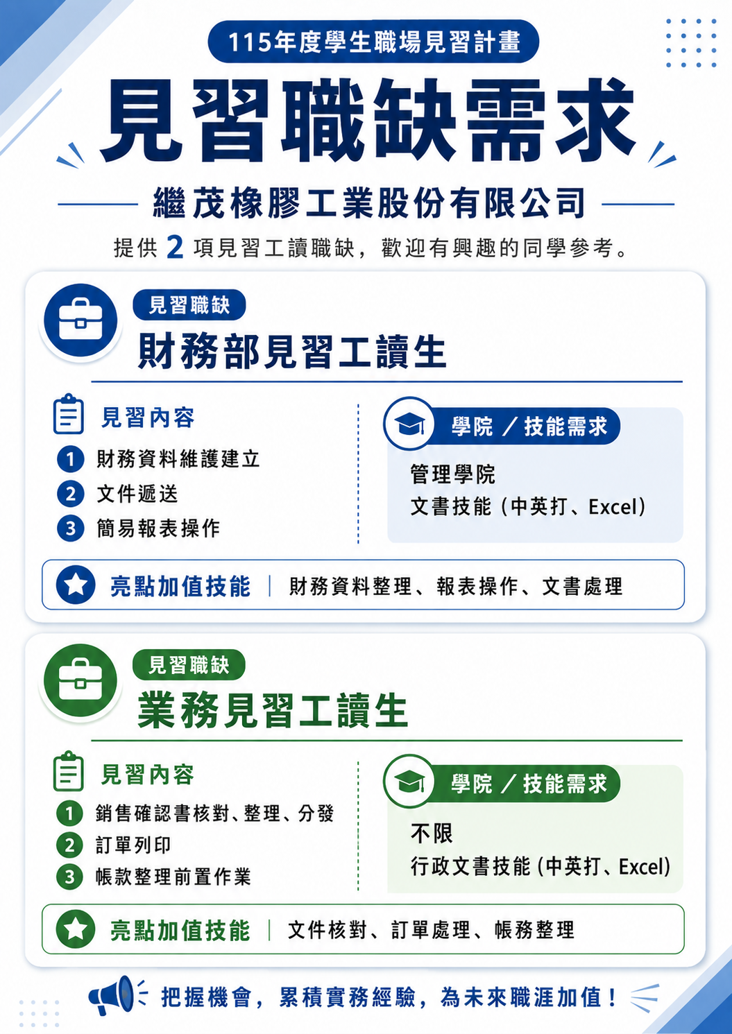 繼茂橡膠工業股份有限公司見習職缺徵才需求海報